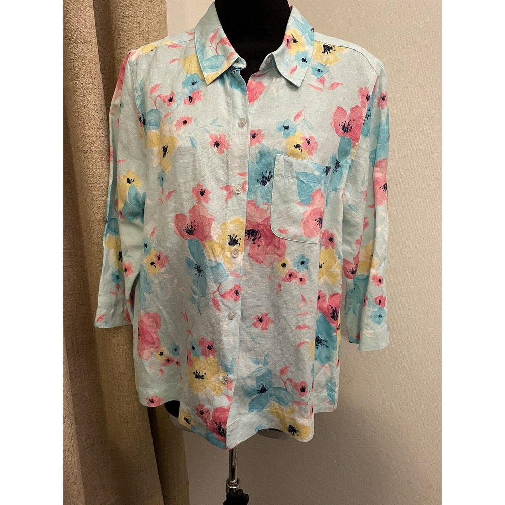 Linen Blend Bright flowers Liz Claiborne Crazy Horse 3/4 Sleeve buttoned Shirt M